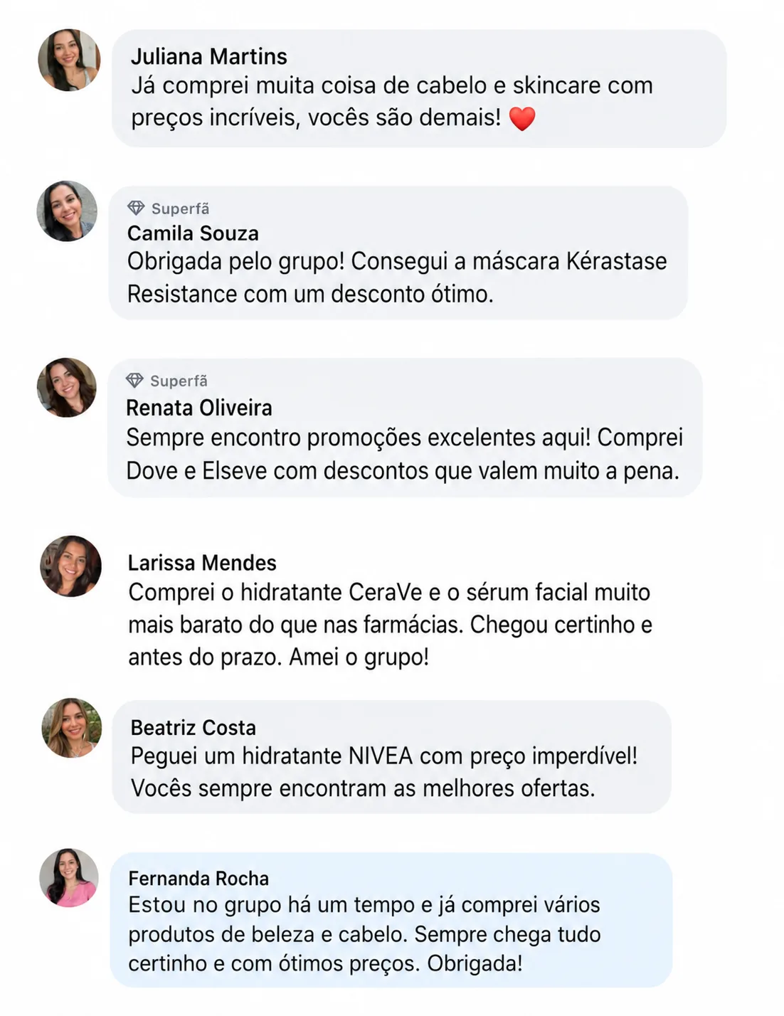 Comentários de participantes elogiando o grupo e as promoções de beleza, moda e autocuidado